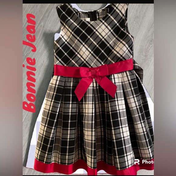 Bonnie Jean Girl Dress Blk/Wht Plaid NWOT Red satin Trim & Bow Cute as a button - Picture 1 of 7